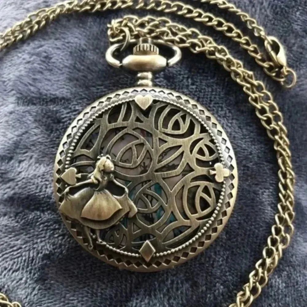 Alice in Wonderland Anime Style Face Bronze Pocket Watch and Chain NWT